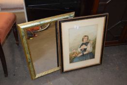 A coloured print of a young lady together with a modern wall mirror