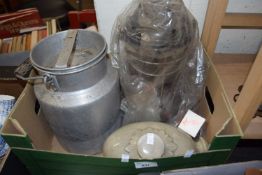 Mixed Lot: Milk churn, stone ware hot water bottle and paraffin lamp