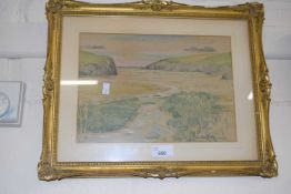 Estuary landscape at low tide, watercolour, framed and glazed