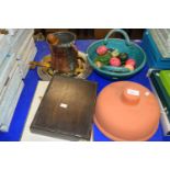 Mixed Lot: A terracotta cheese dish and cover, hard stone eggs, metal wares etc