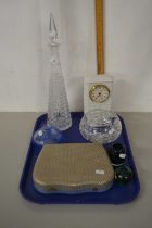 Tray of mixed items to include a Wedgwood clock, decanter various glass ware, cased cutlery etc