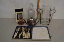 Mixed Lot: Bottle of Salvador Dali perfume, decanter, ice bucket, silver plated teapot etc
