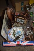 Box of various assorted items to include etched glass jug, pictures, gin bottle, assorted ceramics