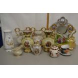 Mixed Lot: Various decorated vases, ceramic clock case etc