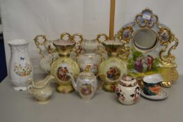 Mixed Lot: Various decorated vases, ceramic clock case etc
