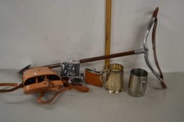 Mixed Lot: Shooting stick, binoculars in leather case, hip flasks etc