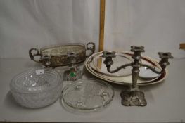 Mixed Lot: Meat plate, silver plated candelabra, glass bowls etc