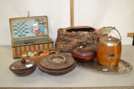 Mixed Lot: Vintage sewing box, knitting needles, various wooden containers, biscuit barrel etc