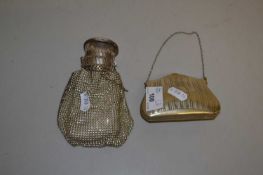 Small silver plated bag formed purse together with a further meshwork purse