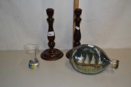 Mixed Lot: A ship in a bottle together with candlesticks and a small vase (4)