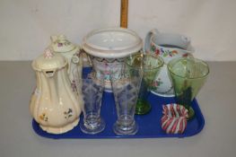 Tray of various mixed wares to include teapot, Spode jug, glass vases etc