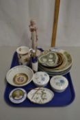 Tray of mixed items to include collectors plates, Navy Rum hip flask and royal commemorative wares