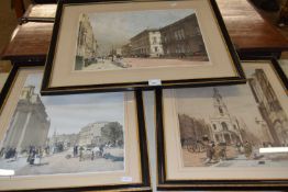Three coloured prints, views of London, The Clubhouses and Pall Mall, The Strand, Tour from