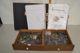 Metal detecting finds, two boxes to include a range of various small metal artifacts together with