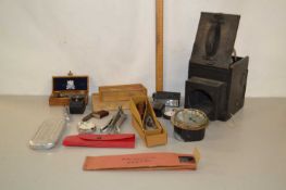 Tray of various mixed items to include vintage camera, micro metres, base metal pocket watches and