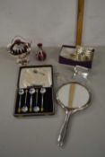 Box of various mixed items to include a silver backed dressing table mirror, small white metal
