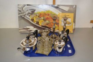 Mixed Lot: Various silver plated tea wares, candlesticks, cruet set and a Guy Degrenne fish service