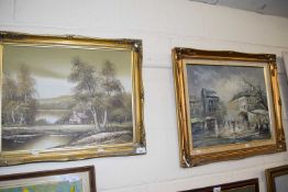 Two contemporary oil on canvas studies of continental street scene and a rural cottage, gilt