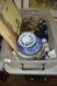 Box of various assorted cutlery, ceramics, fishing reels, pictures etc