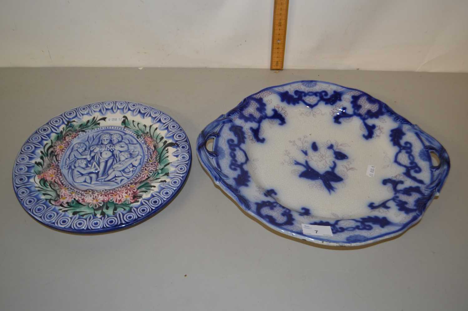 Mixed Lot: Victorian blue and white two handled dish together with a further modern Maiolica style