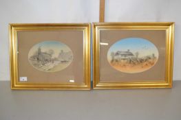 A Thomson - two studies of cottages with figures, pen and watercolour, gilt framed and glazed