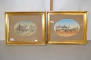 A Thomson - two studies of cottages with figures, pen and watercolour, gilt framed and glazed