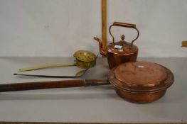 Mixed Lot: to include a brass cream skimmer, copper kettle, copper bed warming pan etc