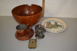 A turned wooden bowl, various copper wares, Canterbury Cathedral plate etc