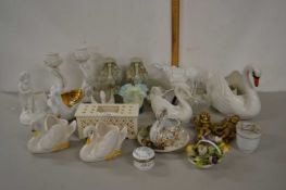 Mixed Lot: Various assorted ceramics to include cherub formed candlesticks, various swan