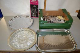 Box of various serving trays, cutlery etc