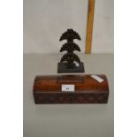 Mixed Lot: Small hardwood box with studded detail together with a iron letter stand (2)