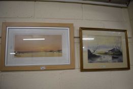 Pair of studies of sunset beach scene together with a further watercolour study of a river scene (