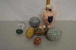 Box of various mixed items to include various egg ornaments, double handled vase etc