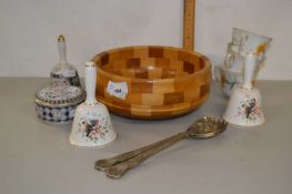 Wooden bowl with various assorted handbells and other items