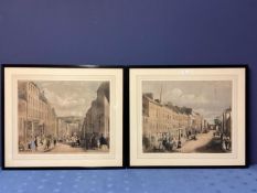 Pair of framed and glazed coloured prints of Georgian Londonderry, Bishop Street and Shipway Street,
