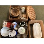 A large collection of modern kitchen ware to include copper pans, baskets etc