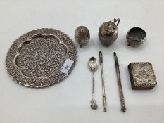 A South Asian white metal condiment set and tray together with other similar items