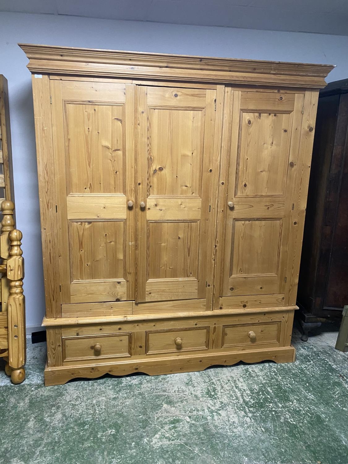 Large 3 door pine wardrobe, with 3 drawers below, 170cmW x 195cmH , some wear and paint marks and