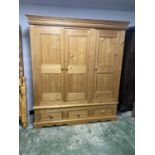 Large 3 door pine wardrobe, with 3 drawers below, 170cmW x 195cmH , some wear and paint marks and