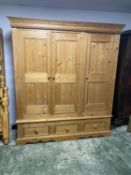 Large 3 door pine wardrobe, with 3 drawers below, 170cmW x 195cmH , some wear and paint marks and