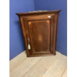 Oak corner cabinet, with decorative shell and plume inlaid design to central panel, with key