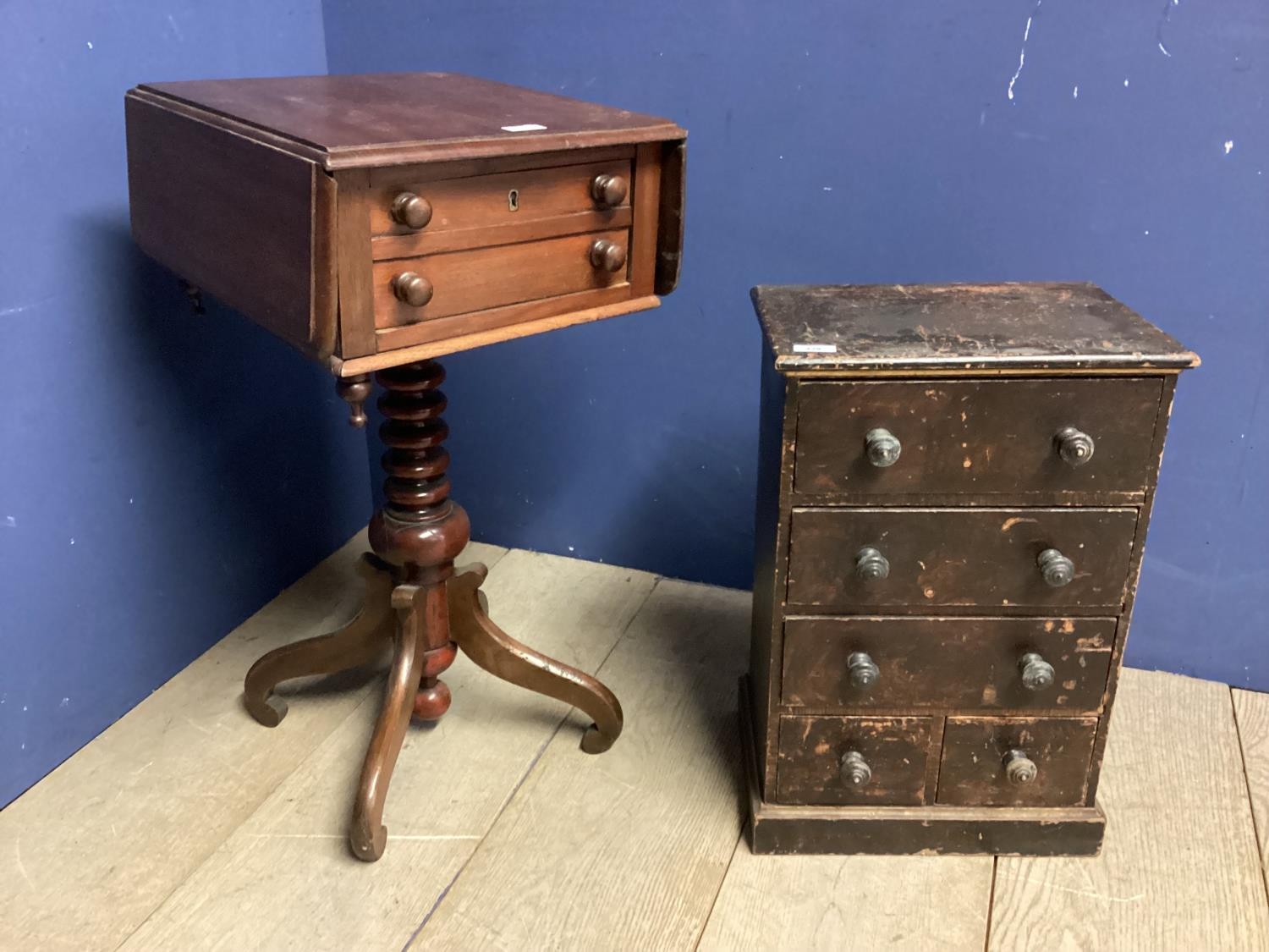 Small Georgian stipple chest and a Victorian work table