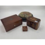 An inlaid tea caddy, with two sections and internal lids, and a smaller burr box, and a mahogany