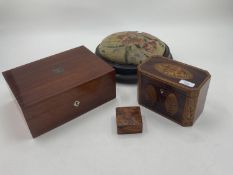 An inlaid tea caddy, with two sections and internal lids, and a smaller burr box, and a mahogany