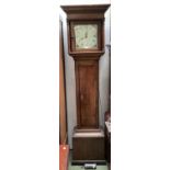 A late C18th oak country style long case clock, oak case, square white painted face, Roman numeral