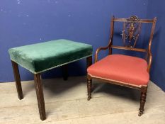 Stool with green velvet upholstered seat, and a Victorian low arm chair, with red upholstered