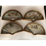 Four C18/C9th style painted fans in a gilt glazed box, frames each 54 x 31cm