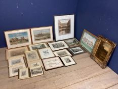 Collection of coloured prints and original art works, mostly in gilt glazed frames