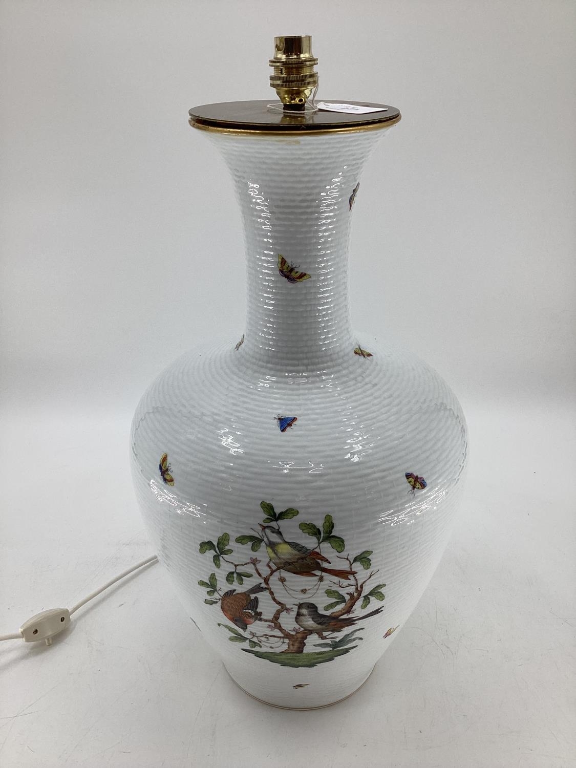 A large Herend bulbous vase, as a table lamp, white ground, decorated fauna and birds, 50cmH - Image 2 of 6