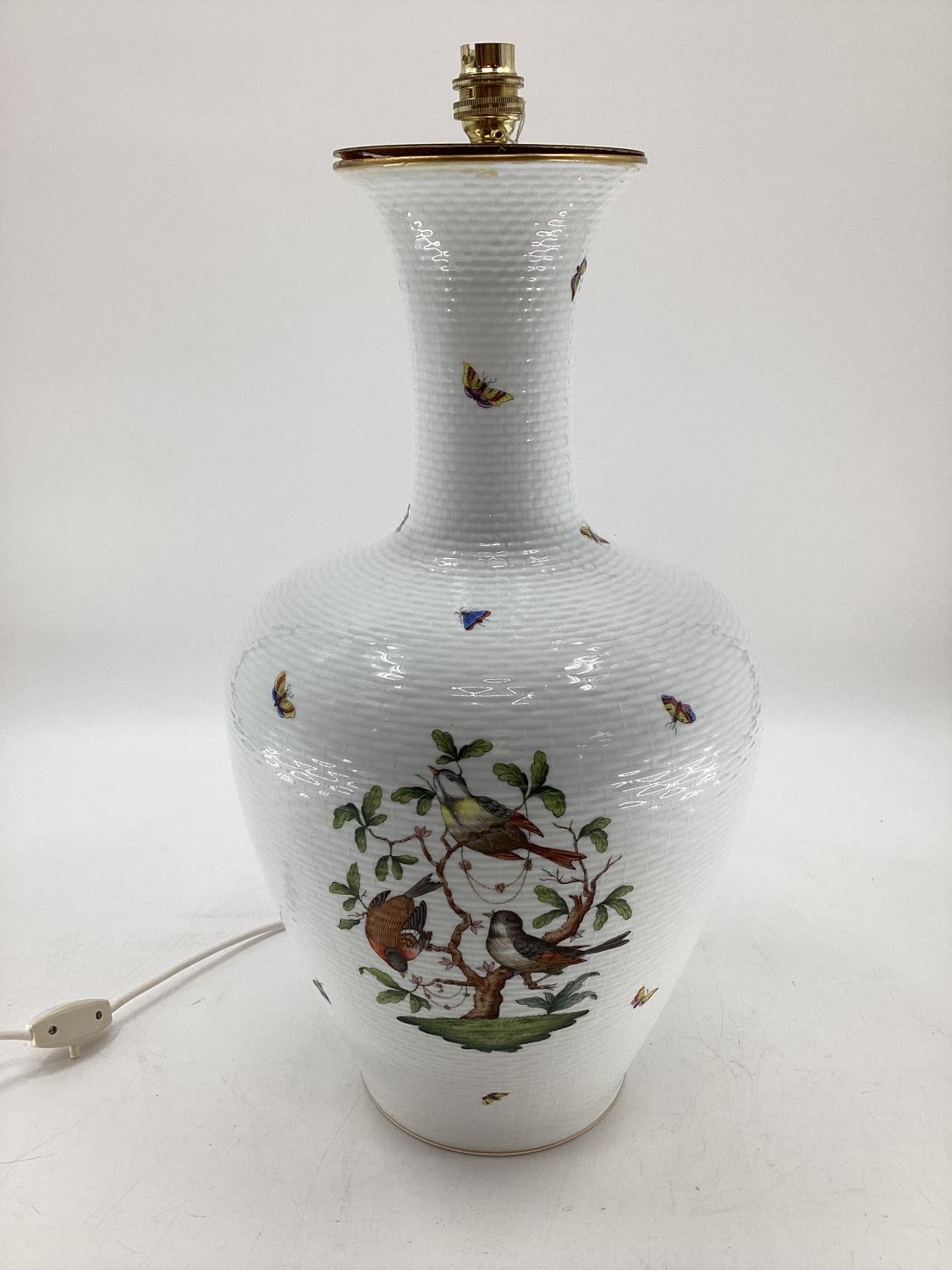 A large Herend bulbous vase, as a table lamp, white ground, decorated fauna and birds, 50cmH